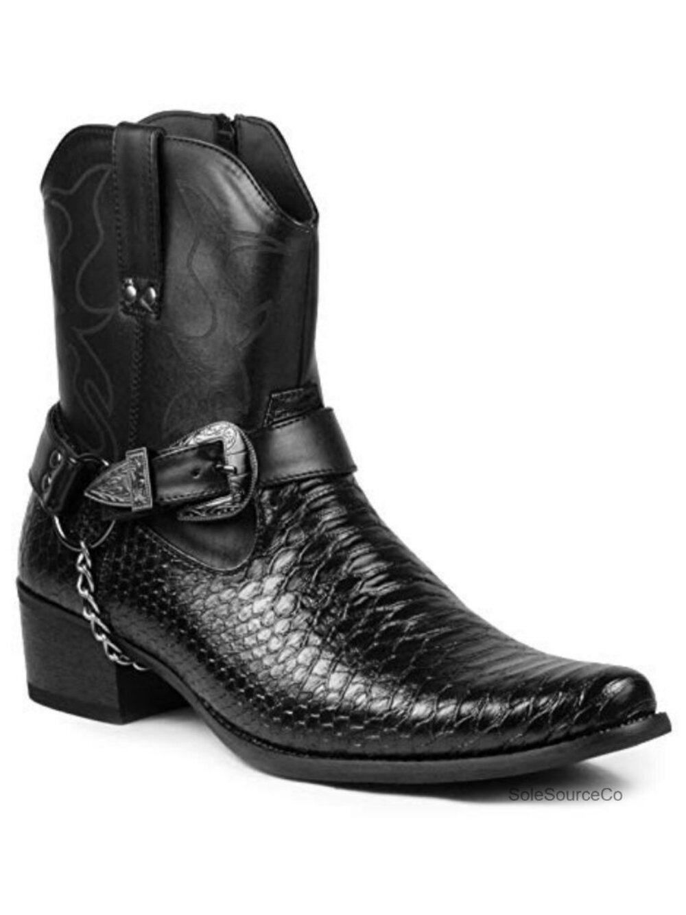 Faux Crocodile Embossed Leather Western Cowboy Boots Belt Buckle Chain Strap